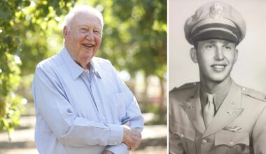 a man in a service uniform and the same man at an older age