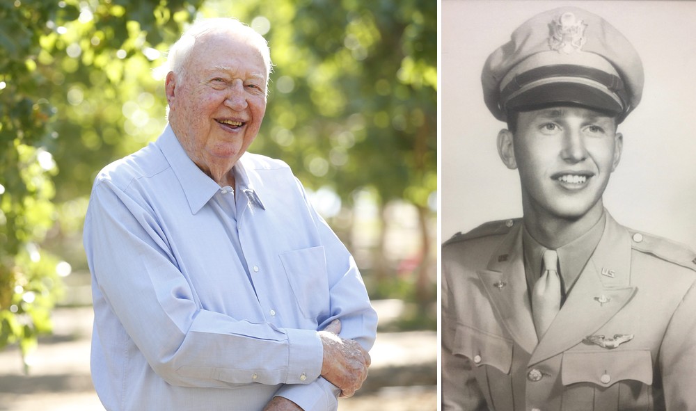 a man in a service uniform and the same man at an older age