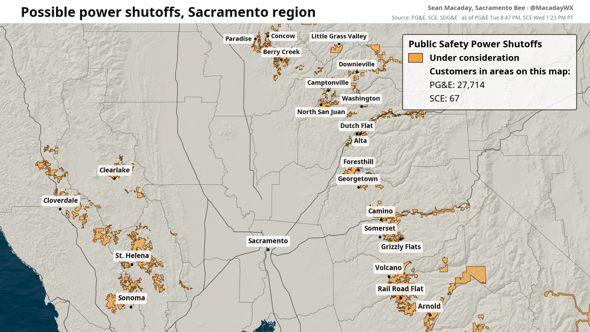 Areas under consideration for power shutoffs across Northern California as of Wednesday afternoon.