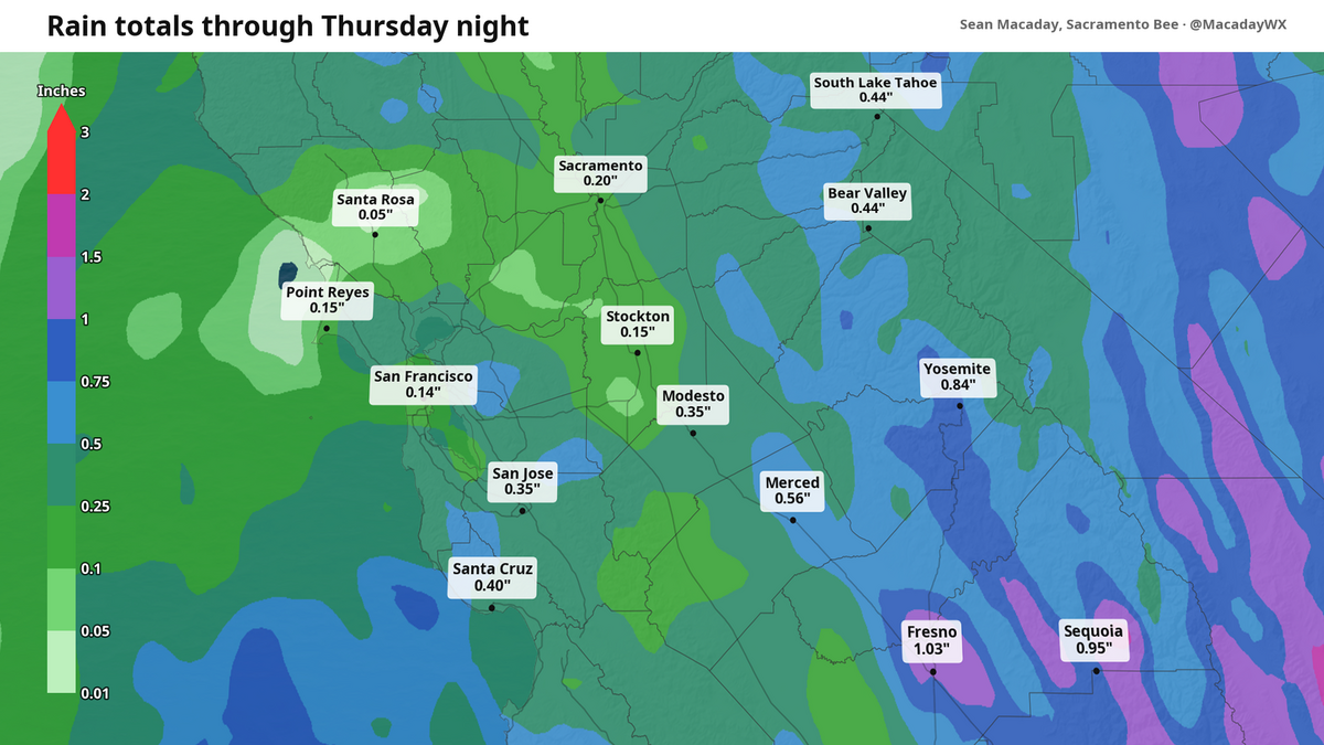 Forecast rainfall through Thursday shows widespread rain across Central California, with higher amounts in the Sierra and southern San Joaquin Valley.