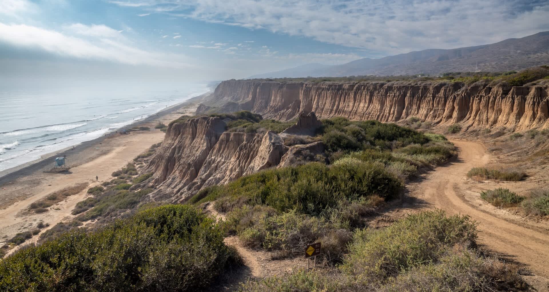 A coastal landscape featuring cliffs, a sandy beach, and gentle waves under a cloudy sky.