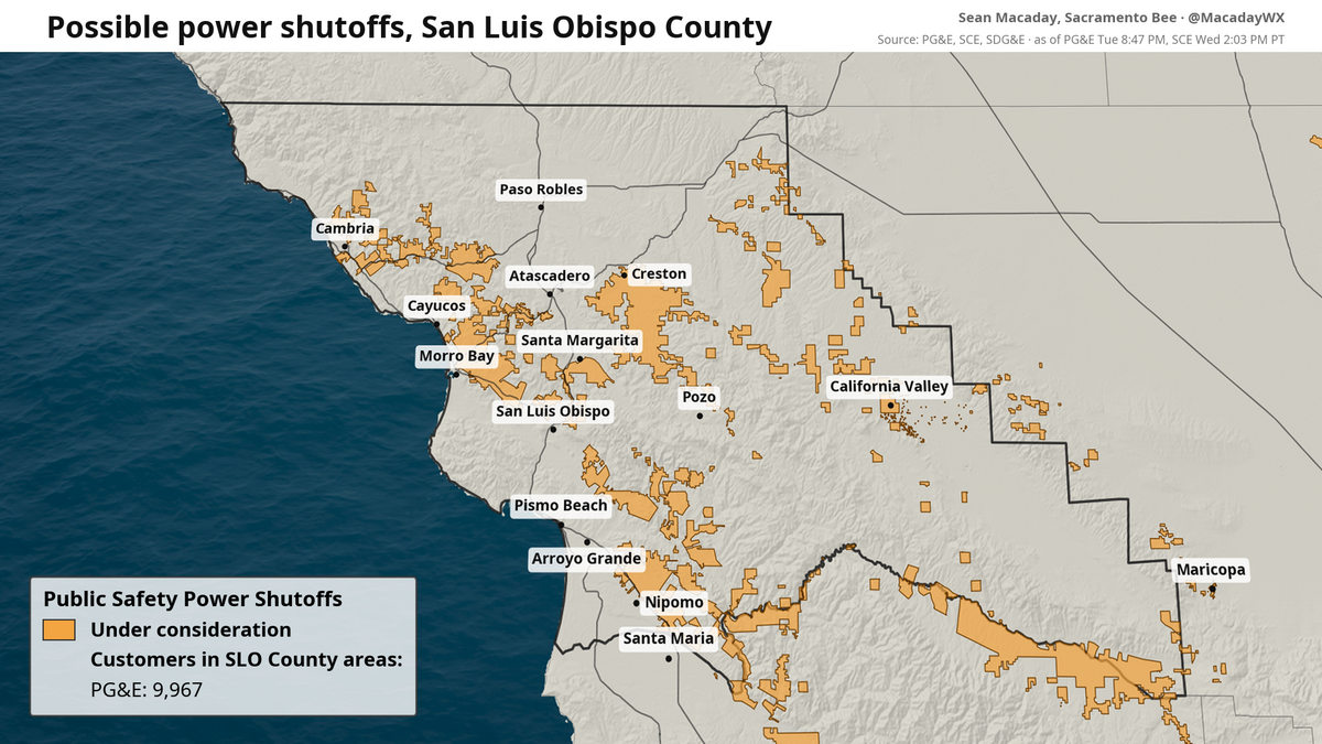 Areas under consideration for power shutoffs across San Luis Obispo County as of Wednesday afternoon.