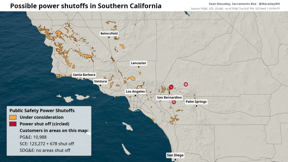 Areas under consideration for power shutoffs across Southern California as of Wednesday afternoon.
