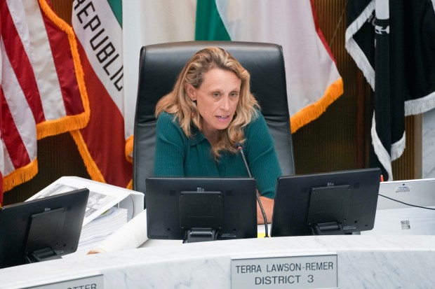 San Diego County Supervisor Terra Lawson-Remer at a meeting in April. (Nelvin C. Cepeda / The San Diego Union-Tribune)