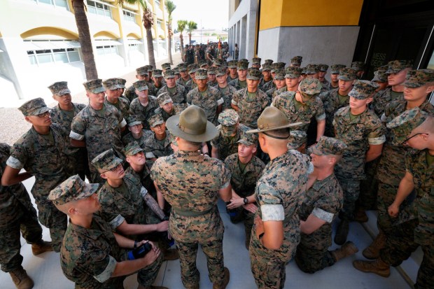 On Wednesday, Oct. 21, 2026, in San Diego, CA, recruits undergoing boot camp receive instructions for the day from their drill instructors before having lunch at MCRD San Diego's (Marine Corps Recruit Depot) new chow hall.   The new 100,000 sq ft chow hall serves 20,000 daily meals.  (Nelvin C. Cepeda / The San Diego Union-Tribune)
