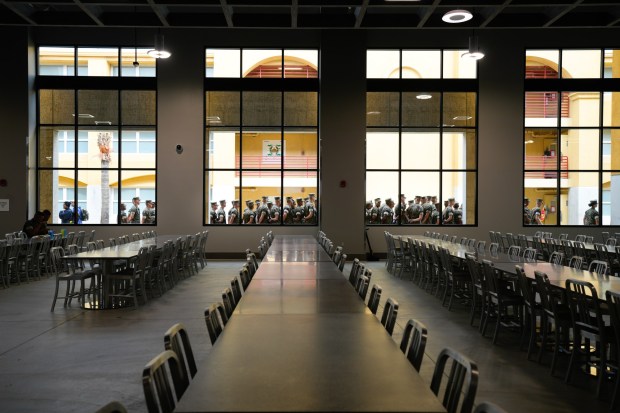 On Wednesday, Oct. 21, 2026, in San Diego, CA, recruits undergoing boot camp at MCRD San Diego (Marine Corps Recruit Depot) wait outside in line before entering the new chow hall.   The new 100,000 sq ft chow hall serves 20,000 daily meals.  (Nelvin C. Cepeda / The San Diego Union-Tribune)