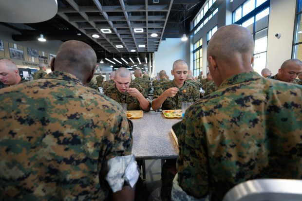 On Wednesday, Oct. 21, 2026, in San Diego, CA, recruits undergoing boot camp at MCRD San Diego (Marine Corps Recruit Depot) have their lunch at the new 100,000 sq ft chow hall.  The facility serves 20,000 daily meals. (Nelvin C. Cepeda / The San Diego Union-Tribune)