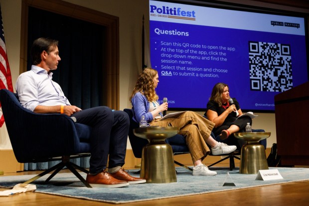 San Diego, California - Mark Kersey, CEO of San Diego County Taxpayers Association, and Courtney Baltiyskyy, Director of Children First SD, right, speak at a forum on Measure B during Politifest, hosted by nonprofit news organization Voice of San Diego, at University of San Diego on Saturday, Oct. 3, 2026. (Kristian Carreon / The San Diego Union-Tribune)