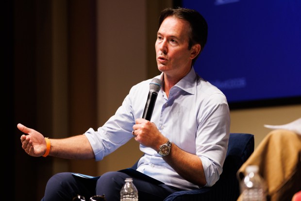 San Diego, California - Mark Kersey, CEO of San Diego County Taxpayers Association, speaks at a forum on Measure B during Politifest, hosted by nonprofit news organization Voice of San Diego, at University of San Diego on Saturday, Oct. 3, 2026. (Kristian Carreon / The San Diego Union-Tribune)