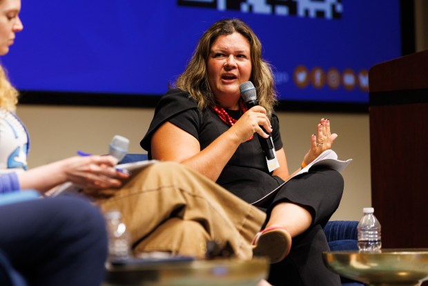 San Diego, California - Courtney Baltiyskyy, Director of Children First SD, speaks during a forum on Measure B during Politifest, hosted by nonprofit news organization Voice of San Diego, at University of San Diego on Saturday, Oct. 3, 2026. (Kristian Carreon / The San Diego Union-Tribune)