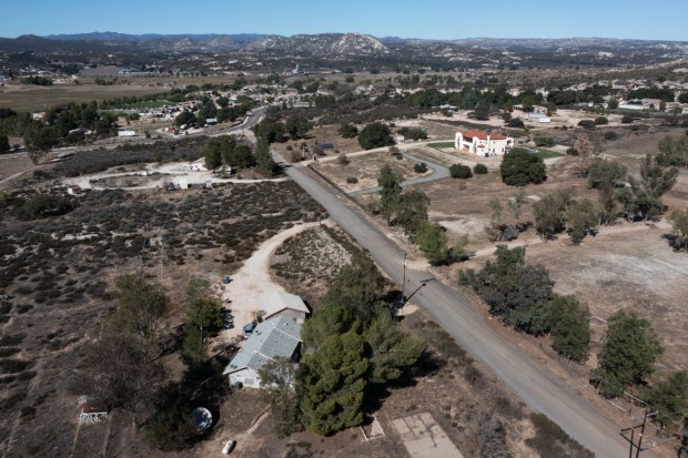 San Diego, California - An aerial overview of the area in Campo where a Sexually Violent Predator (SVP) was housed in, as shown on Friday, Oct. 2, 2026. The SVP's residence is at bottom frame. (Kristian Carreon / The San Diego Union-Tribune)