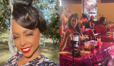 Talia Neal, owner of T Monique Beauty Bar LLC in Fresno, pictured alongside attendees gathered around a table at a previous community beauty and networking event.