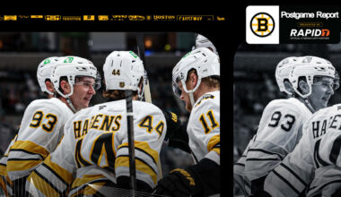 Minten Scores Twice in Bruins’ 6-3 Win Over Sharks