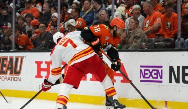 Pospisil's tiebreaking third-period goal pushes Flames to first win of the season, 4-2 over Ducks