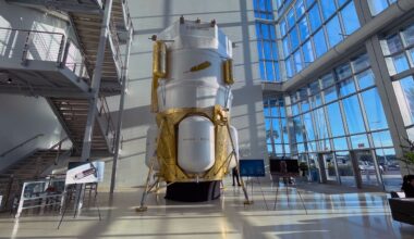 This is a replica of Blue Origin's Blue Moon lunar lander that will send humans back to the moon in a future Artemis mission. NASA acting administrator Sean Duffy announced that he is opening up contracts for the Artemis III mission because SpaceX is behind schedule with its Starship. He mentioned Blue Origin as one of the companies that could replace SpaceX on the mission. (Spectrum News/Anthony Leone)