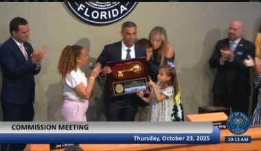 Miami officials present outgoing mayor Francis Suarez with key to city