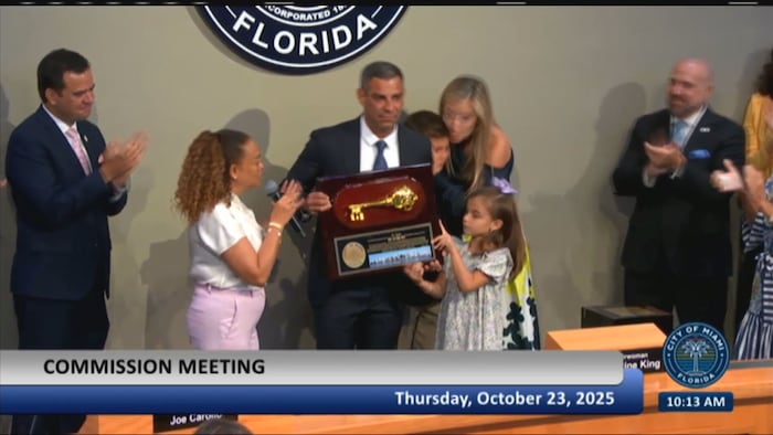 Miami officials present outgoing mayor Francis Suarez with key to city