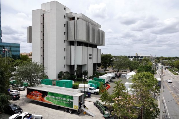 Fort Lauderdale City Hall on April 19, 2023, a week after a record-breaking rainstorm flooded the building. The building was torn down last year. (Joe Cavaretta/South Florida Sun Sentinel)