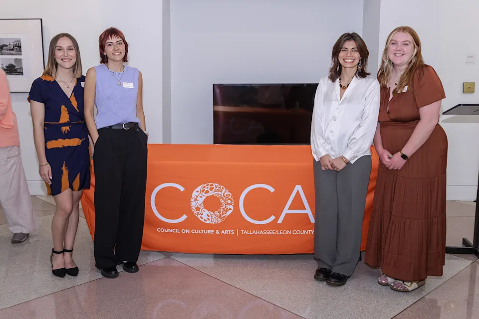 The COCA staff and interns at the Creative Tallahassee Reception 2024, from left: Sam Joslin, Lindsay Merril, Vi Rogers-Rivera, and Sahara Lyon-Mundy.