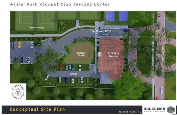 The conceptual site plan for a new building proposed for the front of the Winter Park Racquet Club at 2111 Via Tuscany. The club wants to tear down the house on the corner of the property at 2011 Via Tuscany to build a one-story 6,300-square-foot building.