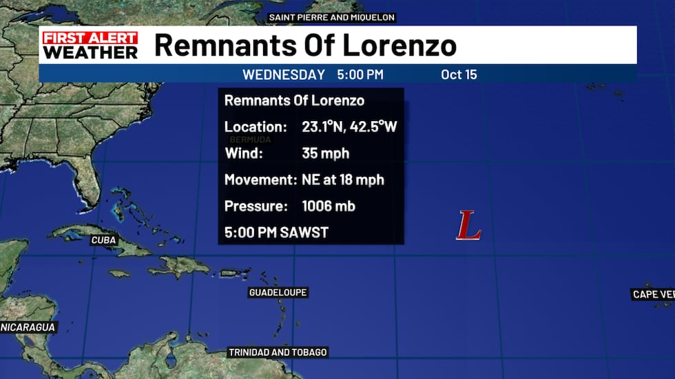 Remnants of Lorenzo in the Atlantic.