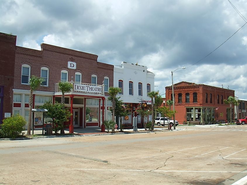Street view of the Dixie Theatre in Apalachicola, Florida.