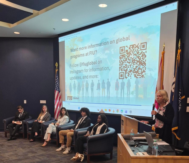 From left to right: Sam Vaghar, chief executive officer of Millennium Campus Network; FIU student panelists Agustina Garibotti, Erika Santaella Alvarez, Justin Jean-Baptiste, and Lydia K. Mallah; and Hilary Landorf, assistant vice president of FIU's Office of Global Learning Initiatives.