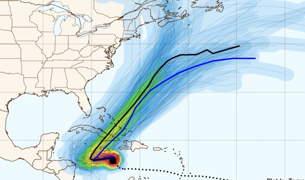 Forecast computer tracks, known as "paghetti models," on Friday show Tropical Storm Melissa making a turn north in the southern Caribbean. But the models show low confidence in where and when that turn will happen. (polarwx.com/courtesy)