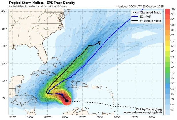 Forecast computer tracks, known as "spaghetti models," on Wednesday show Tropical Storm Melissa making a turn north in the southern Caribbean. But the models show low confidence in where and when that turn will happen. (tropicaltidbits.com)