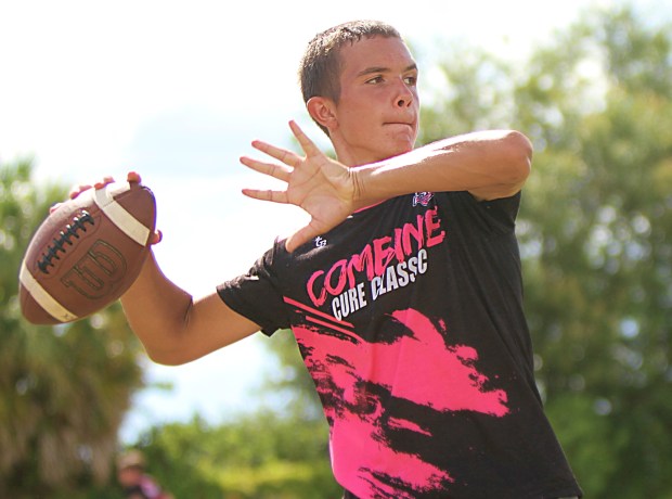Tohopekaliga quarterback Sabby Meassick, who broke the all-time record for career pass attempts and career pass completions last week, is shown at the 2023 Cure Combine. (Chris Hays/Orlando Sentinel)