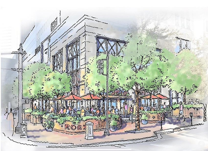 Plans for the Downtown Jacksonville Starbucks include branded tables and chairs on the sidewalk outside its home in the Bank of America Tower. Plans for the Downtown Jacksonville Starbucks include branded tables and chairs on the sidewalk outside its home in the Bank of America Tower.