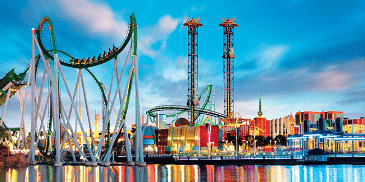 Universal Islands of Adventure Marvel Superhero Island as the sun begins to set on a sunny, summer day in Central Florida.