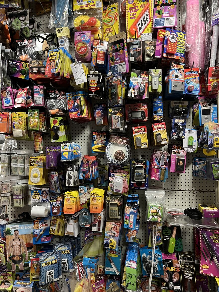 A wall display of pranks and tricks at Casa de los Trucos on Oct. 21, 2025.