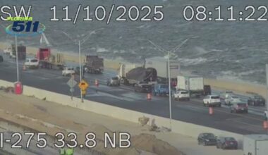 Waves crashing over Howard Frankland seawall