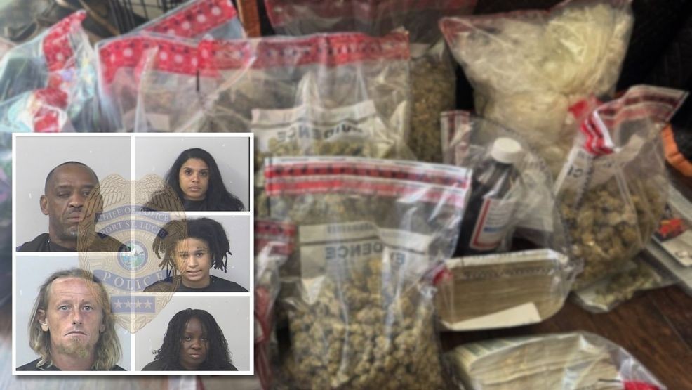 A Port St. Lucie SWAT team allegedly seized over four pounds of cannabis, a cache of drugs, firearms, and cash, leading to the arrest of five people. (PSLPD)