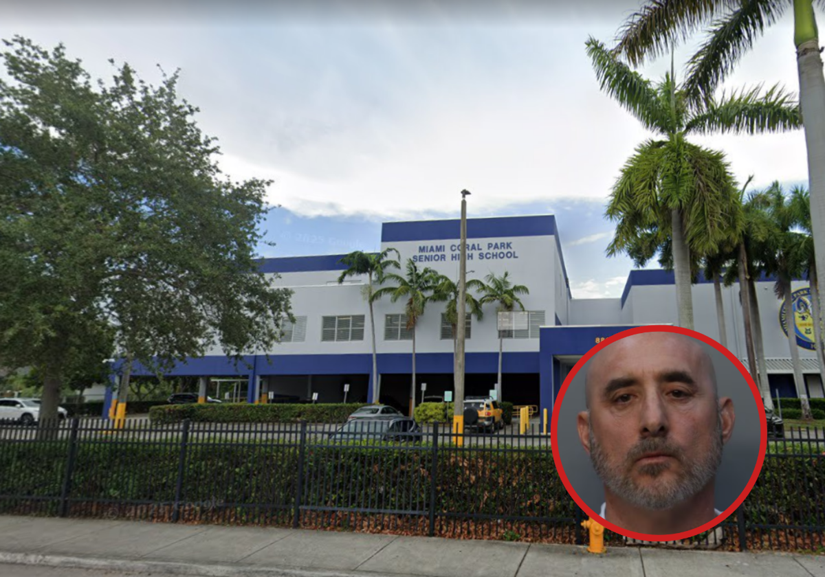 A photo of Miami Coral Park Senior High School and a mugshot of Robert Lewin.