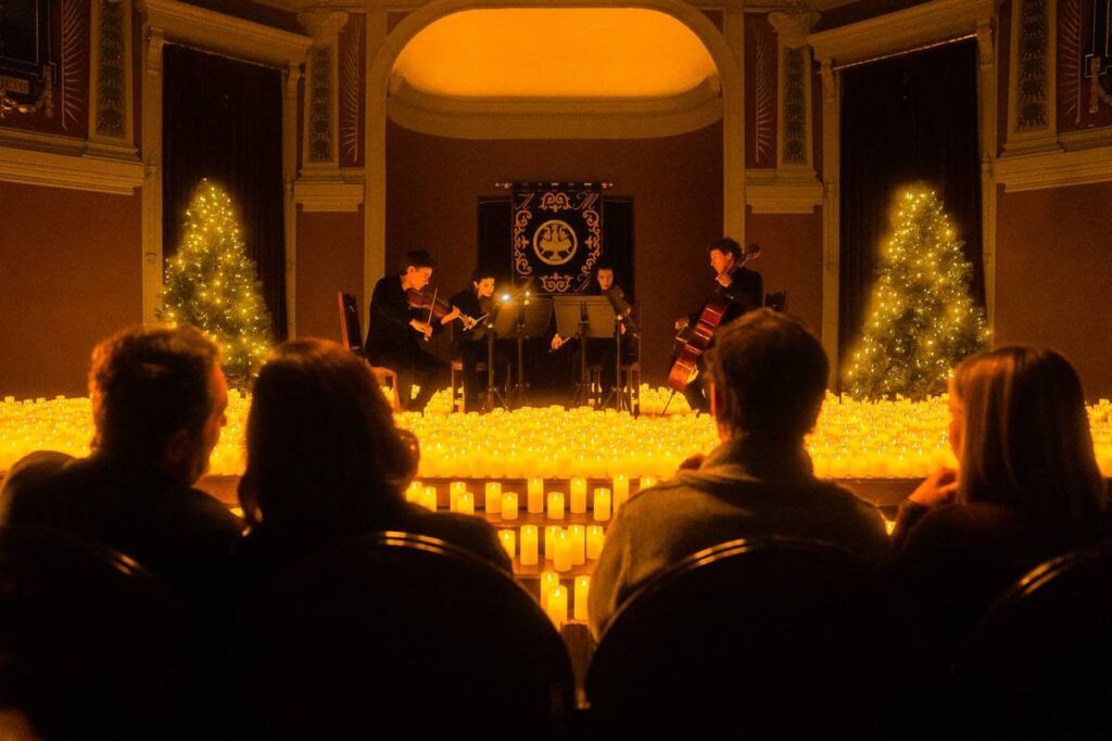 candles on stage at a festive candlelight concerts