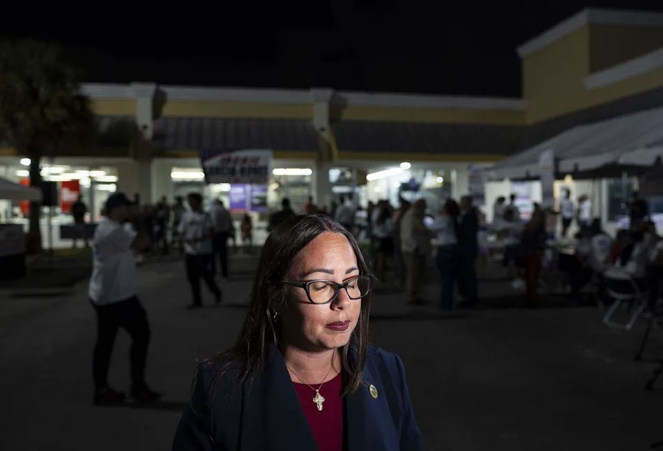 Interim Mayor Jacqueline Garcia-Roves speaks with the media at her election night party at her campaign headquarters after losing the Hialeah mayoral race to Bryan Calvo on Tuesday, Nov. 4, 2025, in Hialeah, Fla.