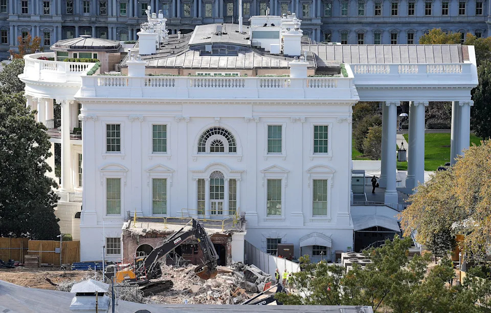 An excavator works to clear rubble after the East Wing of the White House was demolished on Oct. 23, 2025 in Washington, DC. The demolition is part of U.S. President Donald Trump's plan to build a multimillion-dollar ballroom on the eastern side of the White House.