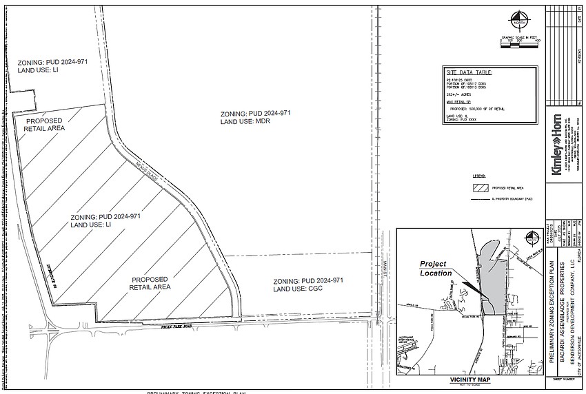 A map of the southern half of the Benderson property shows retail and commercial zoning along Pecan Park Road with a residential area. The north end of the property shows Light Industrial. A map of the southern half of the Benderson property shows retail and commercial zoning along Pecan Park Road with a residential area. The north end of the property shows Light Industrial.