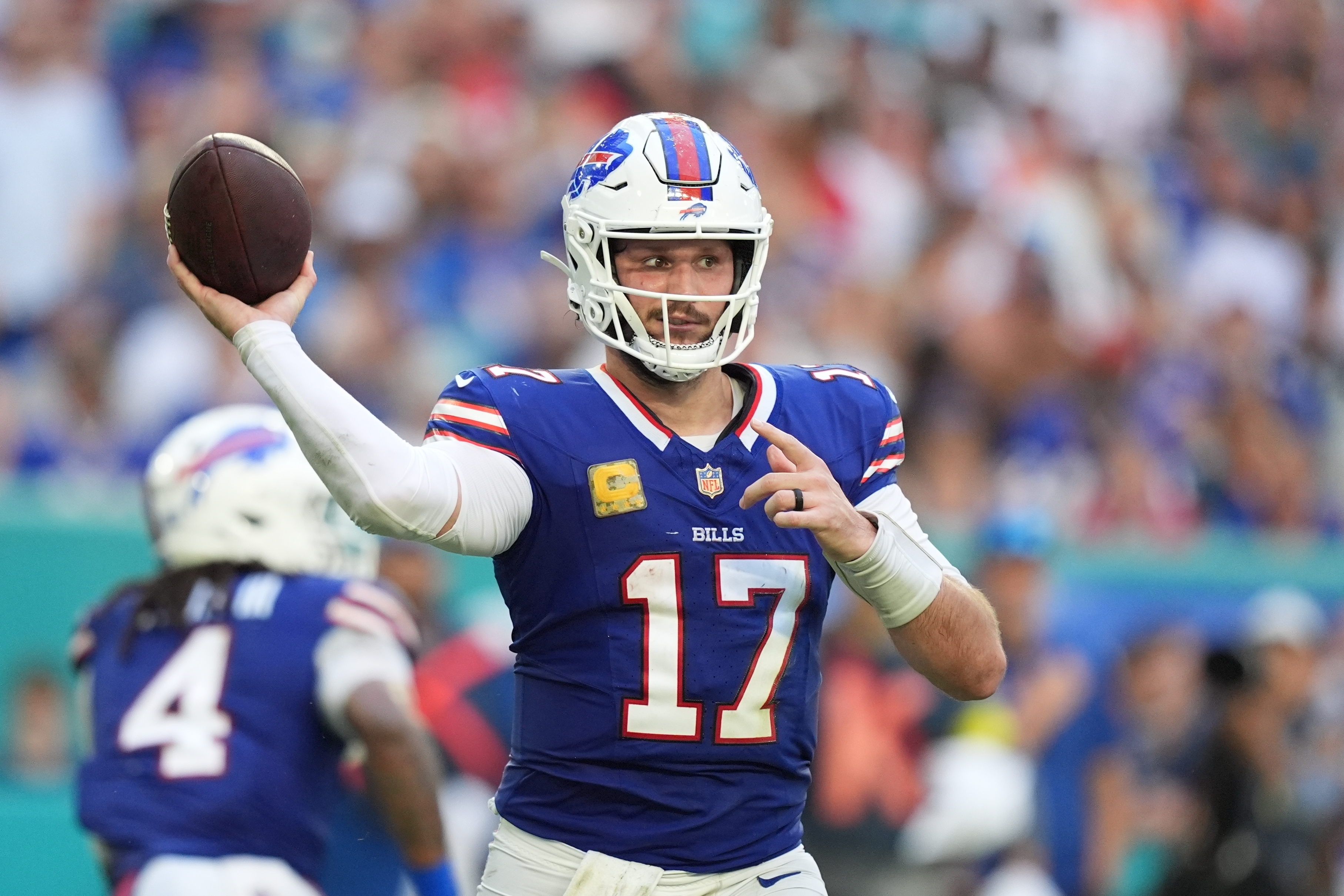 Buffalo Bills quarterback Josh Allen throws during the second half of an NFL football game against the Miami Dolphins, Sunday, Nov. 9, 2025, in Miami Gardens, Fla. (AP Photo/Rebecca Blackwell)