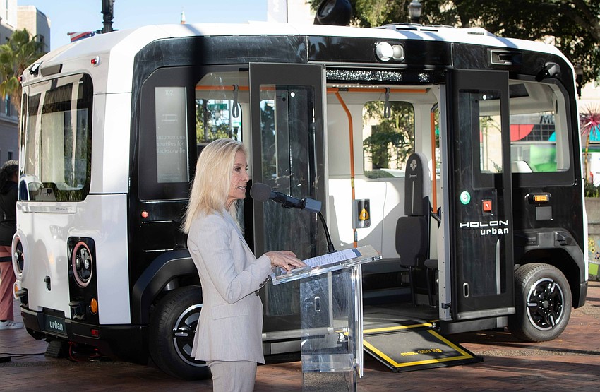 Jacksonville Mayor Donna Deegan speaks in front of a Holon vehicle planned to replace the Ford vans now used for NAVI. German vehicle maker Holon plans to build a $100 million, 500,000-square-foot manufacturing plant in North Jacksonville. Jacksonville Mayor Donna Deegan speaks in front of a Holon vehicle planned to replace the Ford vans now used for NAVI. German vehicle maker Holon plans to build a $100 million, 500,000-square-foot manufacturing plant in North Jacksonville.
