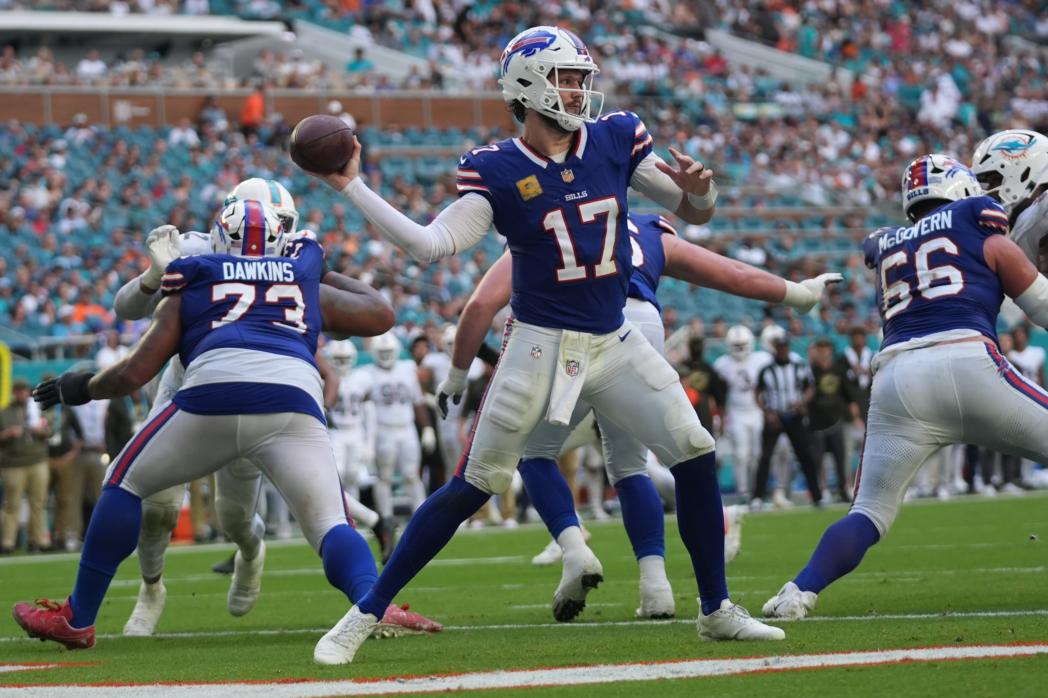 Buffalo Bills quarterback Josh Allen (17) throws during the second half of an NFL football game against the Miami Dolphins, Sunday, Nov. 9, 2025, in Miami Gardens, Fla. (AP Photo/Lynne Sladky)
