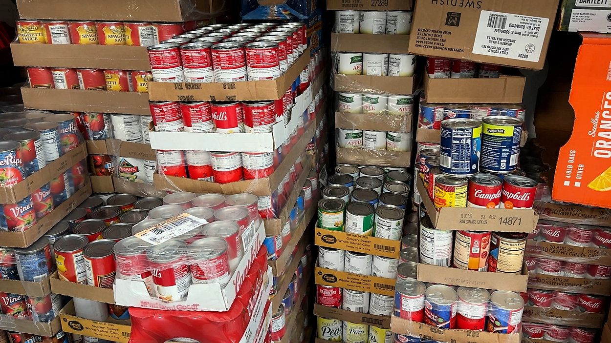 WNon-perishable cans of food stacked together. (Spectrum News file photo)