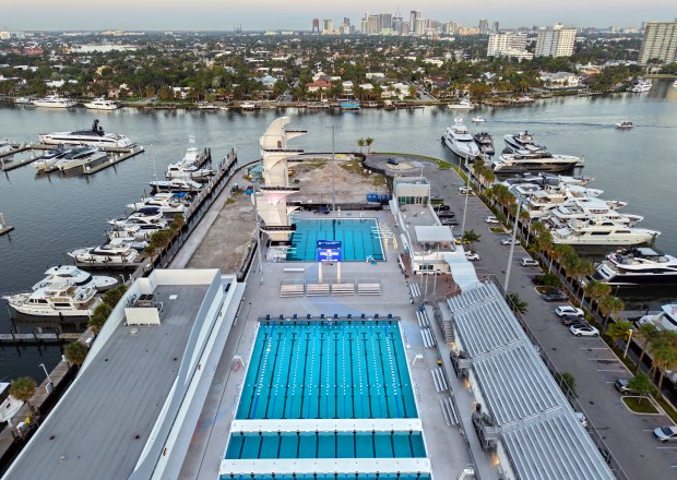 The Fort Lauderdale Aquatic Center and the International Swimming Hall of Fame as seen on March 14. A $219 million redesign of the Hall of Fame towers are the east and west end of the peninsula is on the way. (Amy Beth Bennett/South Florida Sun Sentinel)