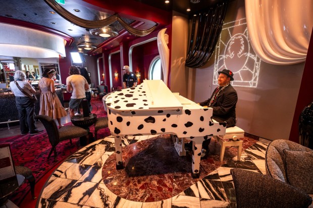 De Vil's is an adults-only piano lounge serving up themed cocktails on board the Disney Destiny on Nov. 10, 2025. (Patrick Connolly/Orlando Sentinel)