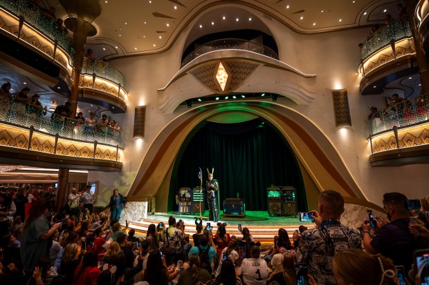 The Disney Destiny's Grand Hall features entertainment and appearances from characters, including Loki, on Nov. 10, 2025. (Patrick Connolly/Orlando Sentinel)