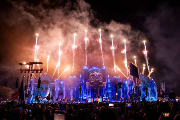 Fireworks burst over Kinetic Field during EDC Orlando at Tinker...