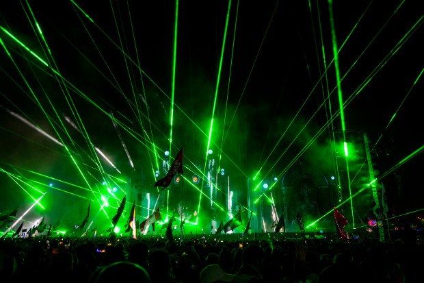 Lasers shine above the crowd at Kinetic Field during EDC...