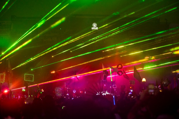 Lasers shine above the crowd at the Circuit Grounds stage...